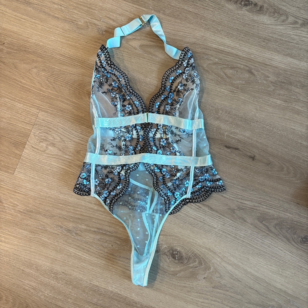 Blue and Black Lace Chemise with Sheer Panels